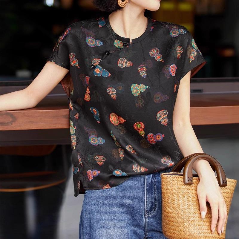 Women Vintage Oriental Gourd Print Casual Short Sleeve Blouse Top S