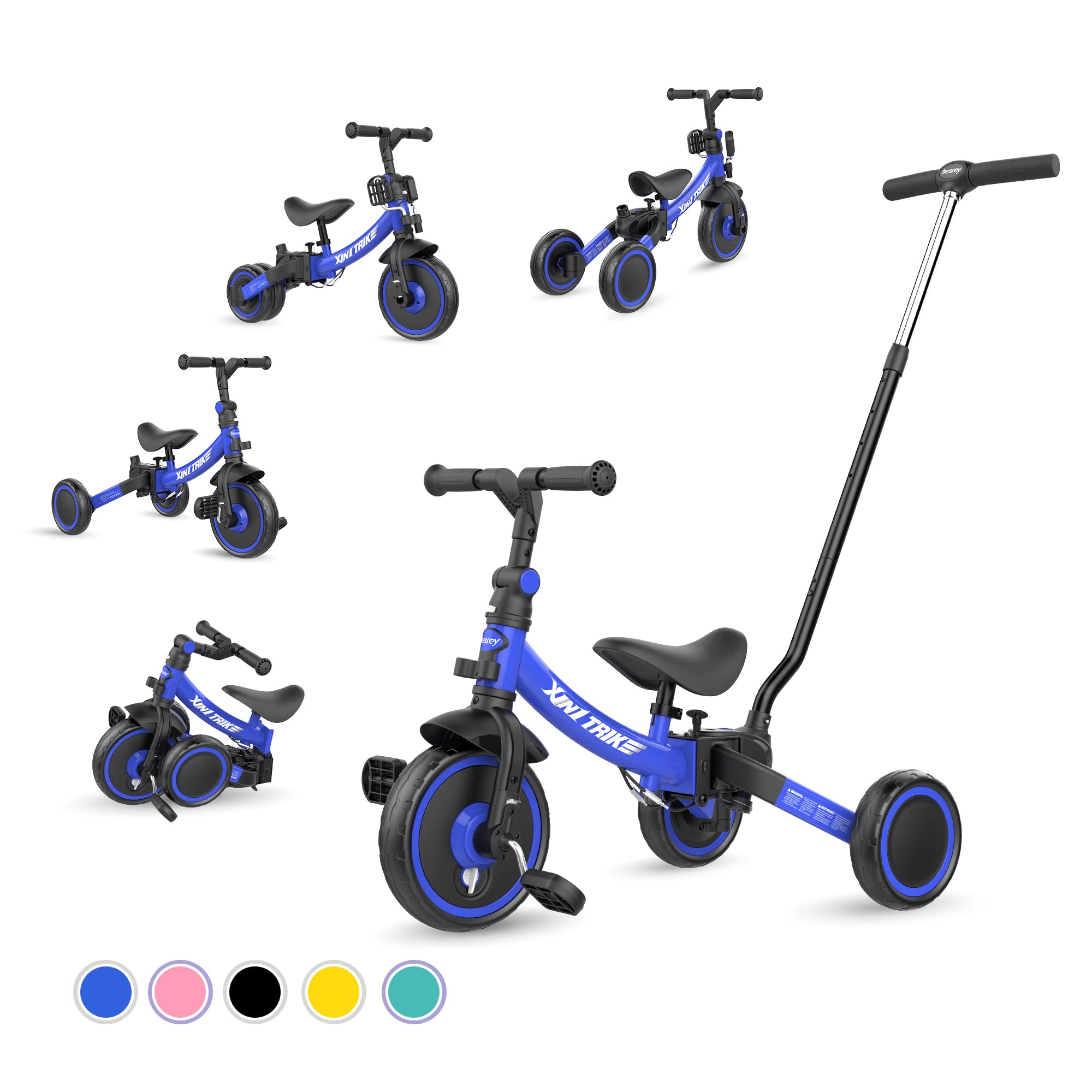 

Трехколесный велосипед Besrey XIN1 Трехколесный велосипед с рулевым управлением Беговел для детей от 1 до Регулируемый Празднование дня рождения Синий Детское колесо, Велосипед, Прогулочная коляска, Ручка, 5, синий