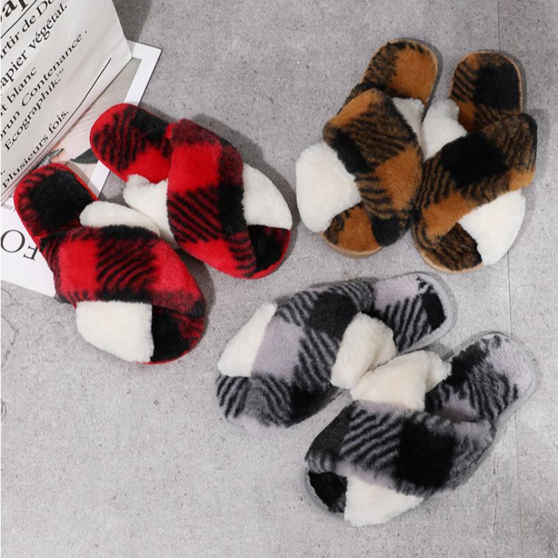 Cross furry slippers for winter indoor plush flat floor mop with exposed toes and warm cotton mop