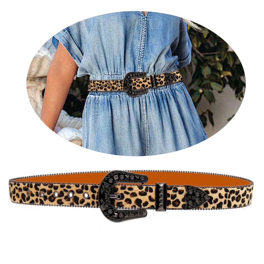 Rhinestones Buckle Leopard Belt for Women Men Eye Catching Pants Belt Waistband Female Aesthetic PU Belt Waist Ornament