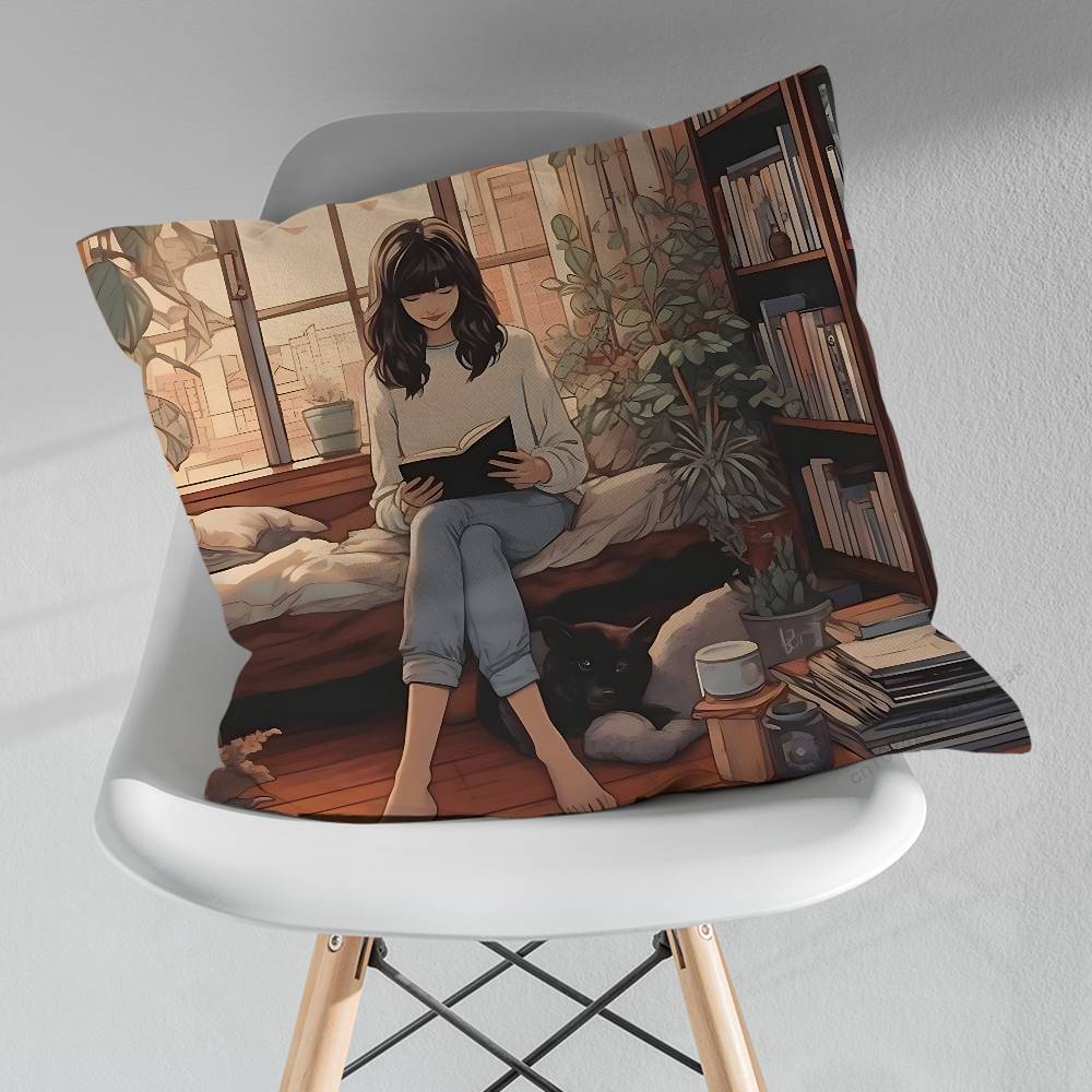 Read Book illustration Pillowcase for Sofa Room Office Decor Printing Merchandise AllMatch Cushion Cover