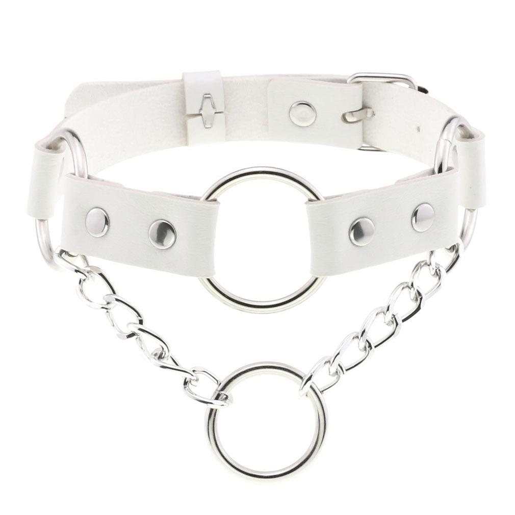 DIEZI Harajuku Bílý PU Kožený Kroužkový Choker Náhrdelník Pro Ženy Muže Vintage Gotický Hip Hope Nastavitelný Límcový Náhrdelník Šperky