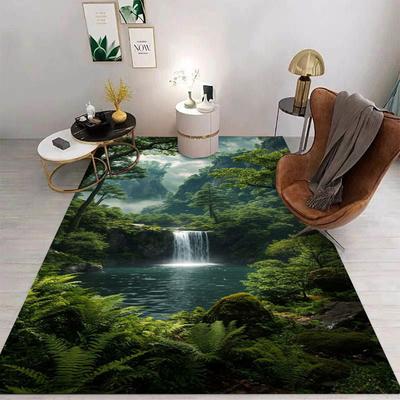 Natürliche Landschaft Wasserfall Wald 3D Kunst Teppich Rutschfest Weicher Teppich für Wohnzimmer Schlafzimmer Heimdekoration Naturfreunde Verwendung