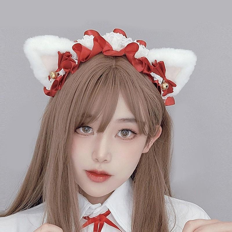 Handmade Kawaii Japanese Lolita Cat Ear Headband With Lace Plush Trim Girls Women