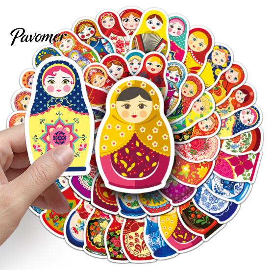 Adhesive Decorative Decals 50Pcs Russian Matryoshka Doll Stickers, Cartoon Nesting Theme Decal, Packs Sticker for Water Bottles Phone Scrapbook Guitar