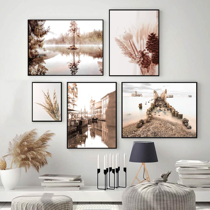 Landscape Scandinavian Nature Canvas Painting Flower Grass Beach Bird Wall Art Poster Nordic Print Modern Home Decor Picture