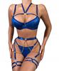Sexy Women's Underwear Set: Bra, Belts, Chains, Thongs, Blue M