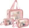 House of Quirk Clear Toiletry Bag, Wash Make Up Bag PVC Waterproof Zippered Cosmetic Bag, Portable Carry Pouch for Women Men (Set of 3 Bag Pink)