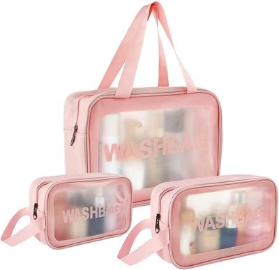 House of Quirk Clear Toiletry Bag, Wash Make Up Bag PVC Waterproof Zippered Cosmetic Bag, Portable Carry Pouch for Women Men (Set of 3 Bag Pink)