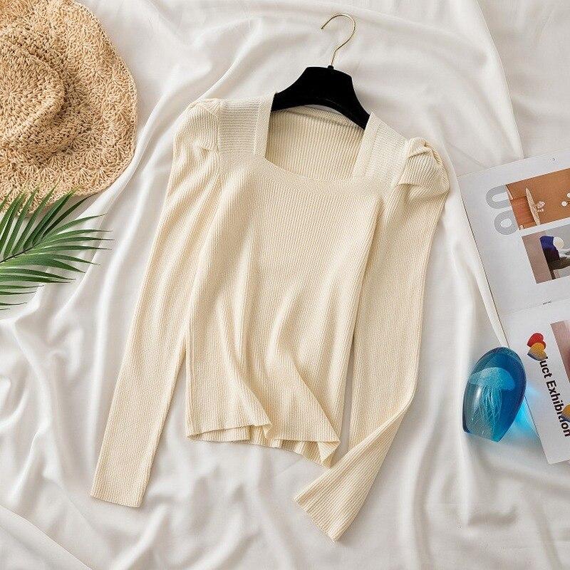Elegant Square Neck Autumn Sweater Women 2023 Puff Long Sleeve Knitted Pullovers Casual Jumper Fashion Solid Knitwear Women Short Tops 22925