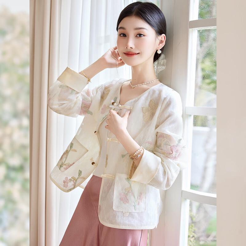 Elegant Chinese Style Embroidered Cardigan Shirt EU 38