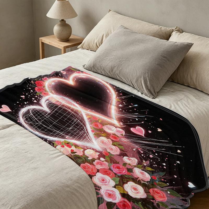 Soft Flannel Blanket Lightweight, Warm with Heart Floral Pattern, Perfect for Bedroom, Home Decor, Valentine's Gift