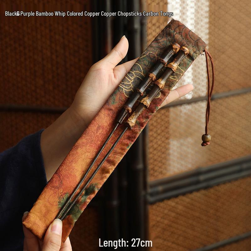 Purple Bamboo Whip Copper Chopsticks & Charcoal Tea Tongs Set