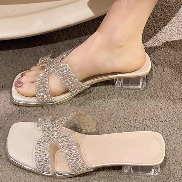 Sexy thick-heeled slippers women's summer 2025 new outer wear fashion with diamond mid-heel temperament celebrity summer cool slippers