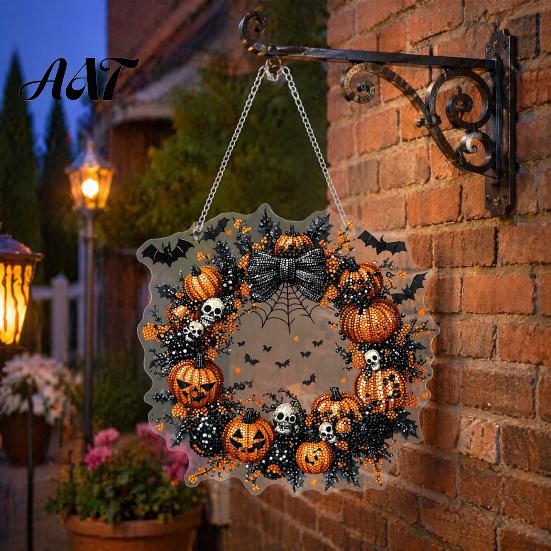 Halloween Decoration for Front Porch Pumpkin Pendant with Hanging Chain Waterproof Acrylic Welcome Spooky Plaque Sign Door Window Wall Indoor Outdoor