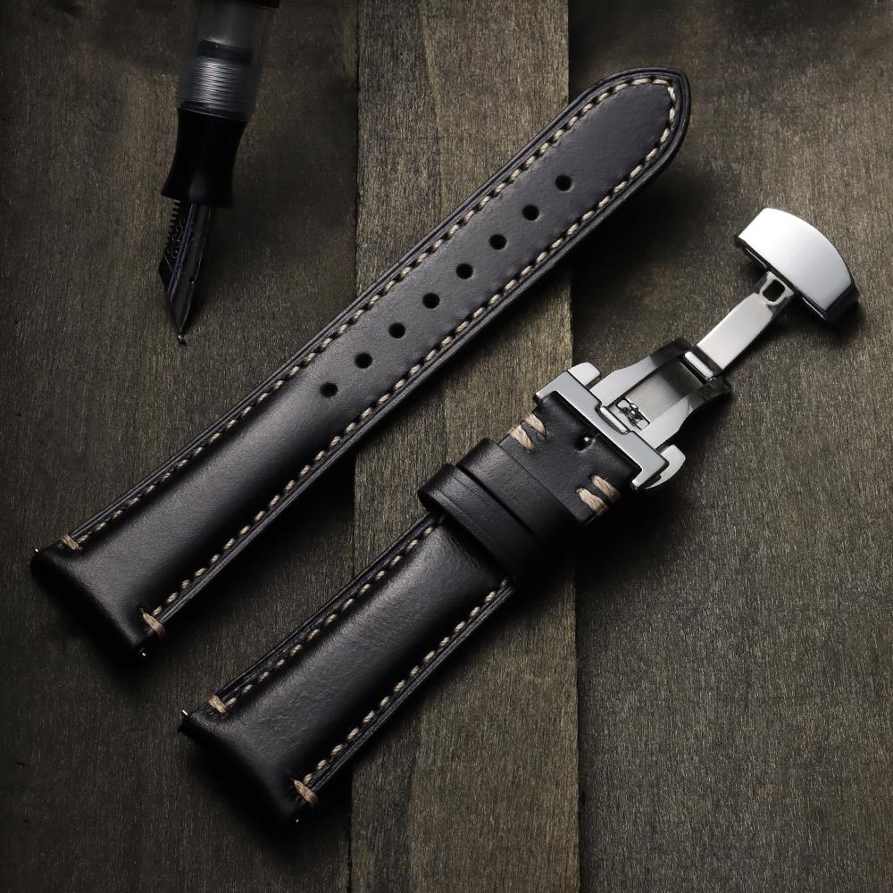 20mm 22mm 24mm Echtes Lederarmband für Omega Business Schnellverschluss-Uhrenarmband für Seiko Schmetterlingsverschluss Nähte Braunes Armband