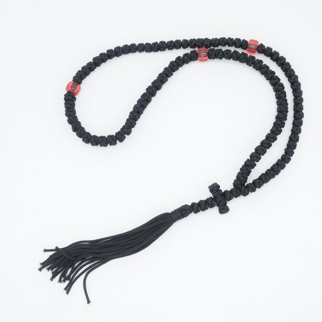 Orthodox Greek Hand-Woven Cross Prayer Necklace Tassel Prayer Red Bead 100 Knot Pendant