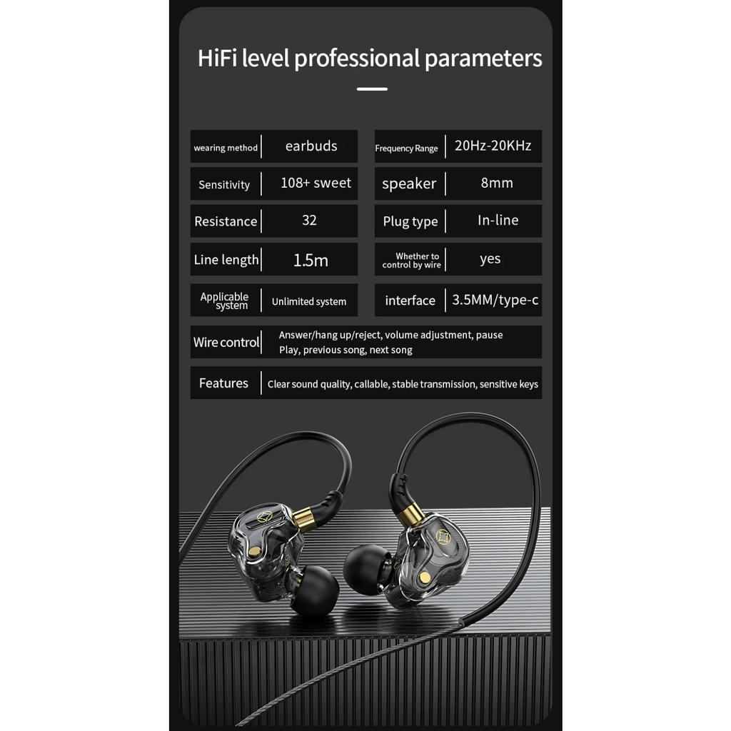 3.5mm Wired Earphones 8mm Dual Dynamic Coil HiFi Bass Stereo Earbuds Sports Gaming In-Ear Headset Headphones with Microphone