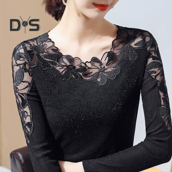 Dameoverdeler Rundhals Langermet Mesh Blonder Broderi Pullover Topper Ensfarget Slim Fit Bluse Daglig slitasje