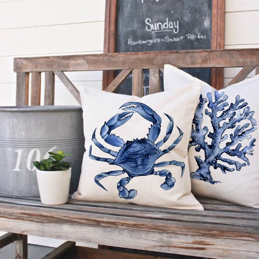 PANDICORN Sea Life Coastal Throw Pillow Covers 18x18 Inch Starfish Turtle Crab Coral Indigo Blue Summer Beach Ocean Nautical Outdoor Decorations