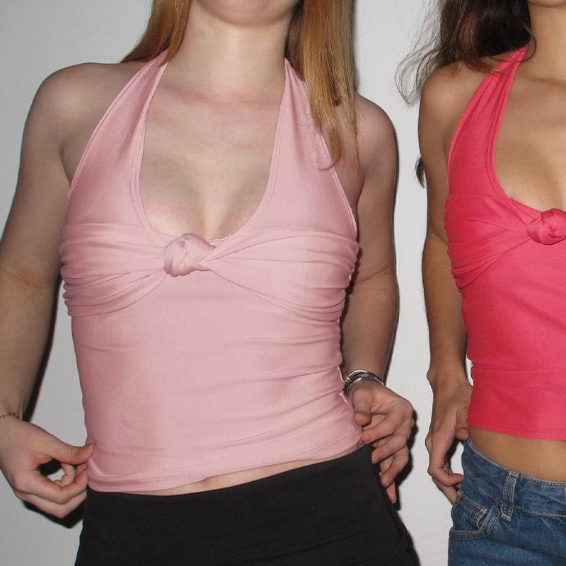European and American women's clothing summer new fashionable solid color neck hanging sexy pure desire suspender backless T-shirt top women's clothi