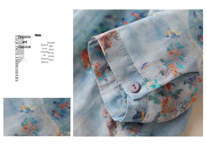 2025 Women's Trendy Loose Nine-Sleeve Printed Ramie Stand Collar Pullover Shirt