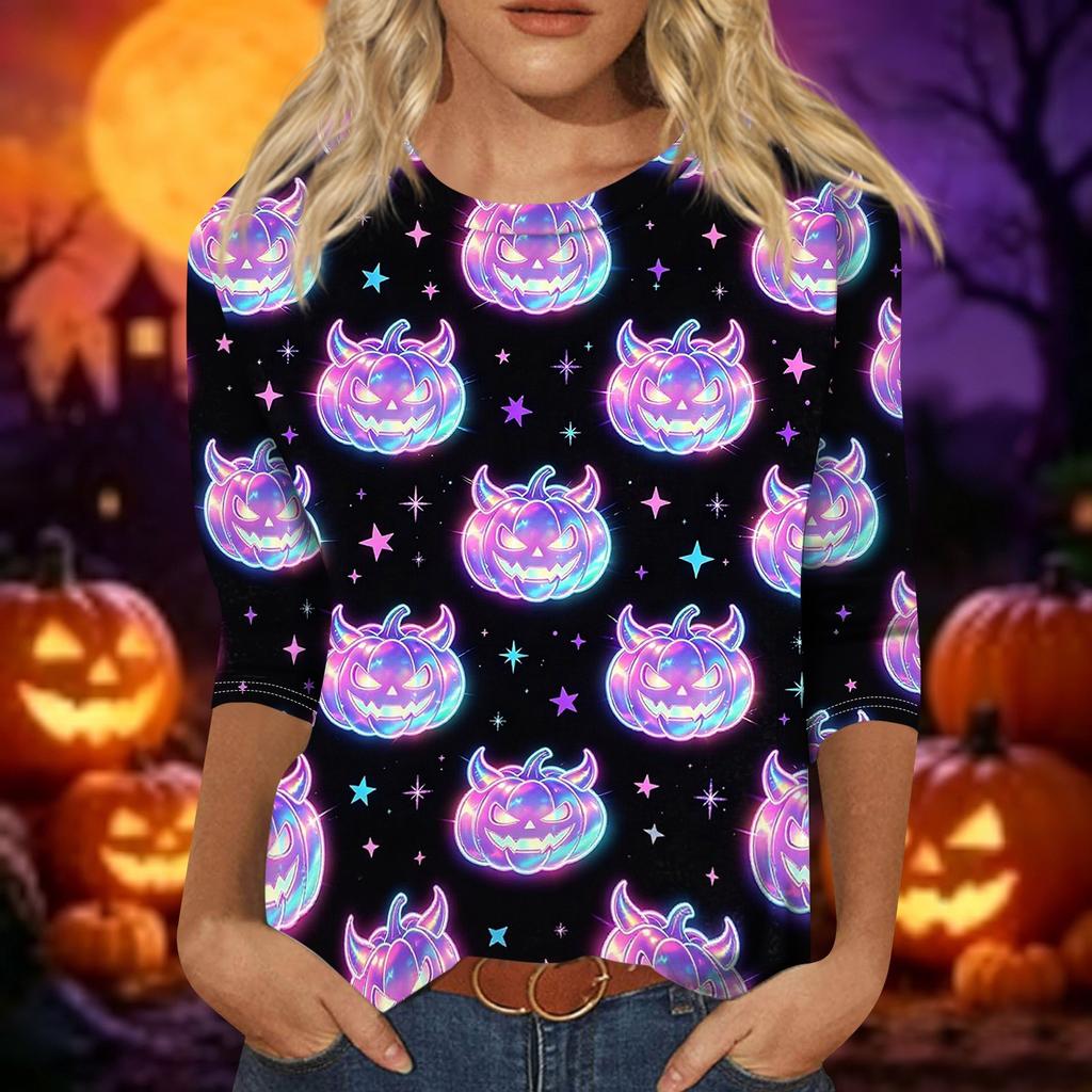 Women's Casual 3/4 Sleeve Halloween Graphic Top Crew Neck Printed Shirt Lightweight Comfortable Fit
