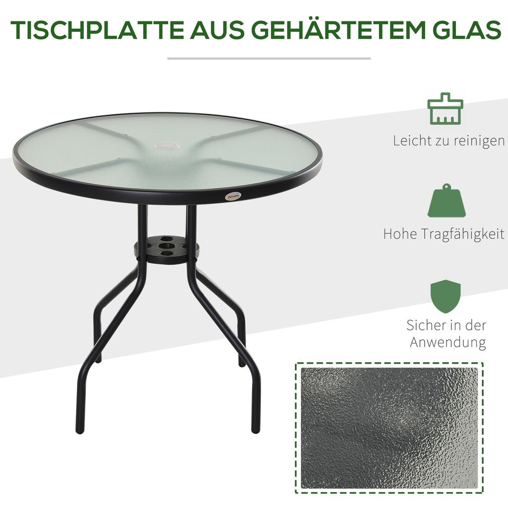 80 cm Schwarzer Runder Garten-Esstisch, Outdoor Kaffee Bistro Beistelltisch mit gehärteter Glasplatte und Stahlrahmen für Terrasse, Veranda