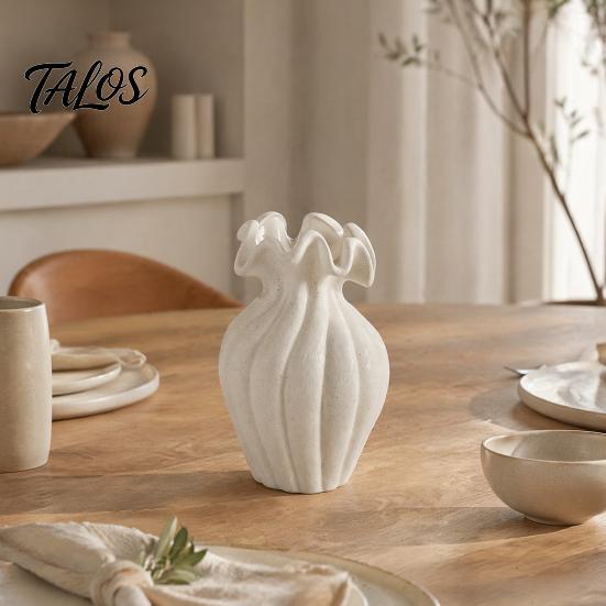 Wavy Neck Vase for Dried Flowers Modern Flower Vase, Minimalist Holder, Decorative Ribbed Texture with Unique Dining Table Rim, Ideal Fresh