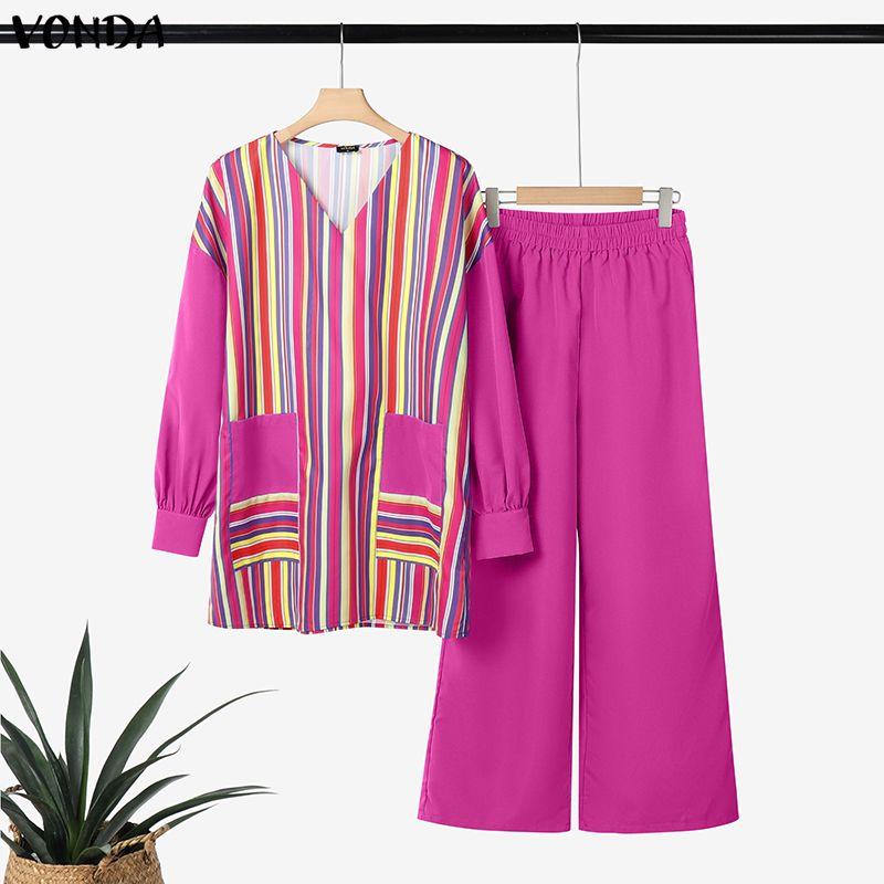 

VONDA Oversized Women V-Neck Long Sleeve Striped Print Stitching Tops and Straight Pants Sets 5XL