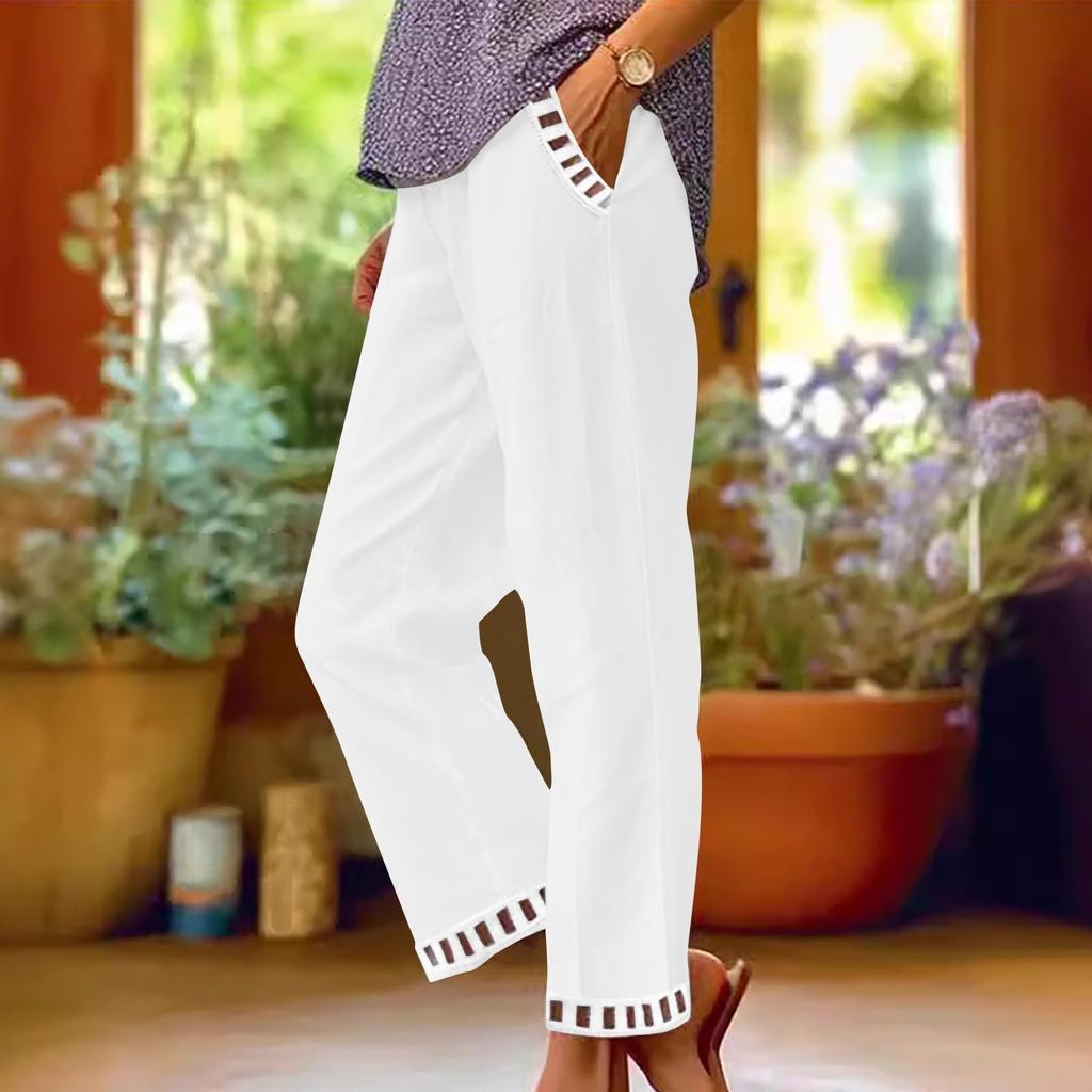 Women's Fashion Color Pocket Elastic Waist Versatile Cotton Lace Casual Sports Pants