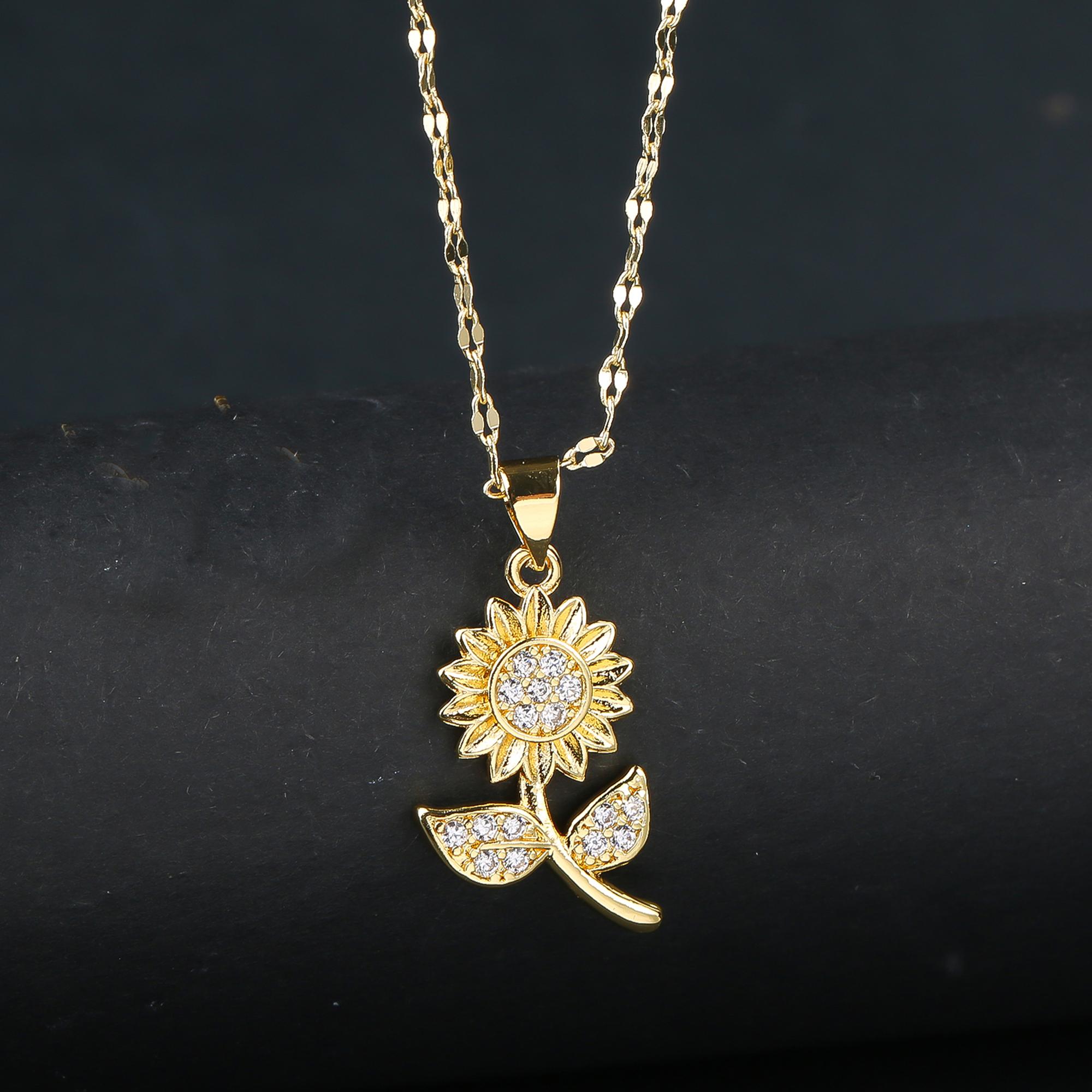 

New Sweet Zircon Sunflower Pendant Necklaces for Women Stainless Steel Chain Jewelry Accessories Wedding Party Gifts