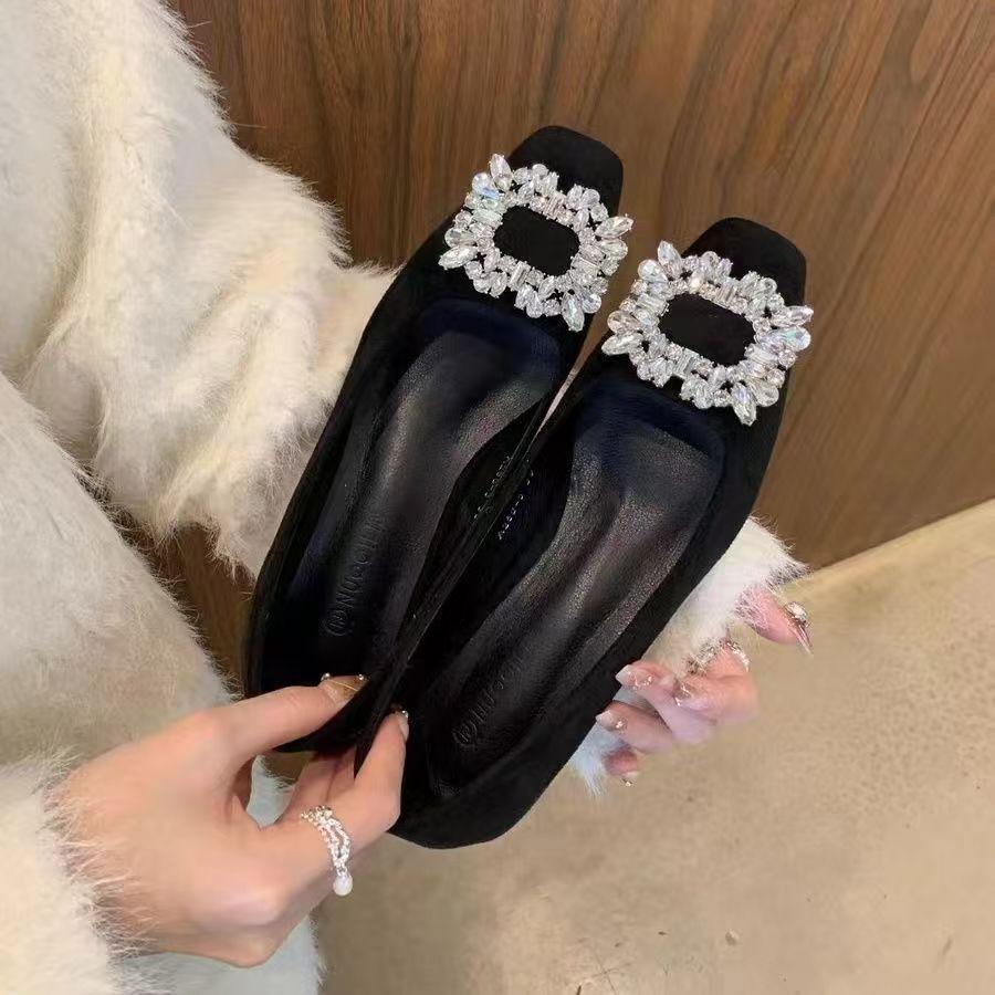 Commuting versatile square head flat-soled laden shoes French rhinestone advanced sense design sense single shoes women's spring and autumn 2025 new