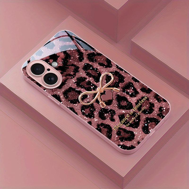 

Pink Leopard Print Bow Pattern Metallic Paint Glass Phone Case For iPhone 17 16 15 14 13 12 11 Pro Max 15 Plus 17 Air 16E Cover iPhone 15 Pro Max