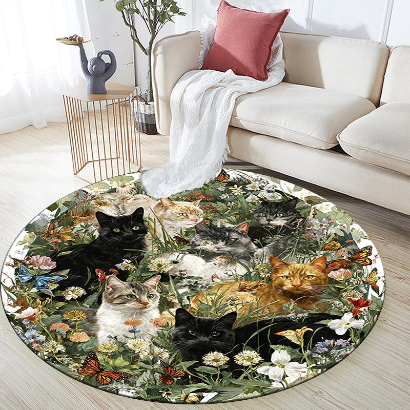 Cats Flowers Round Area Rug,Carpet Rug for Living Room Bedroom Sofa Playroom Decor,Non-slip Floor Mat