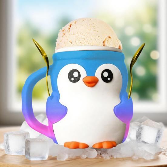 Highlandskveg Iskrem Pint Holder med 2 Skjeer Pingvin Iskremholder Gjenbrukbare Popsicle Beholdere Ølboksholder for Kjøkken Kafé Restaurant