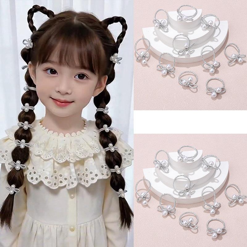 10 PCS Lovely Pearl Bow Girls Elastic Hair Bands Children Hair Accessories Hair Tie