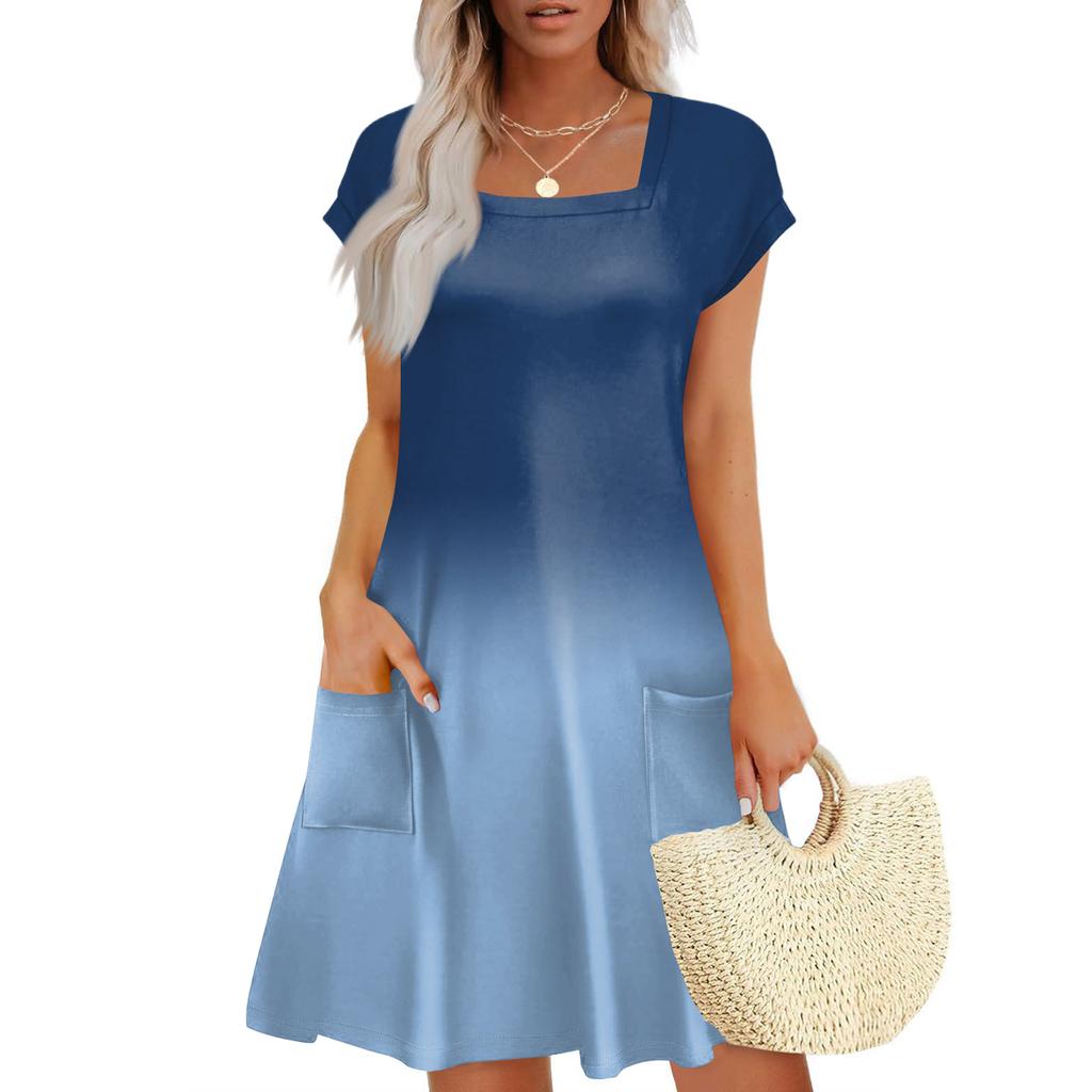 Summer Dresses For Women Loose Square Neck Cap Sleeve Casual Beach Vacation Tshirt Dress Sundresses With Pockets