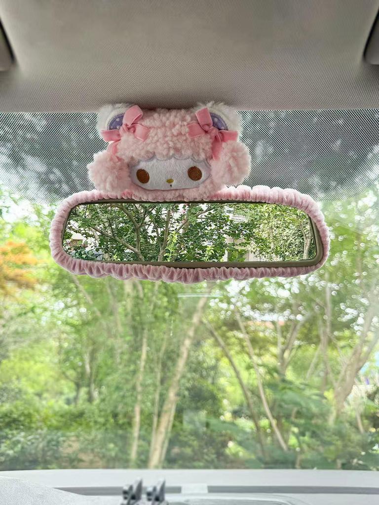 Creative Cartoon Cat Rearview Mirror Cover - Cute Plush Car Decoration for Girls