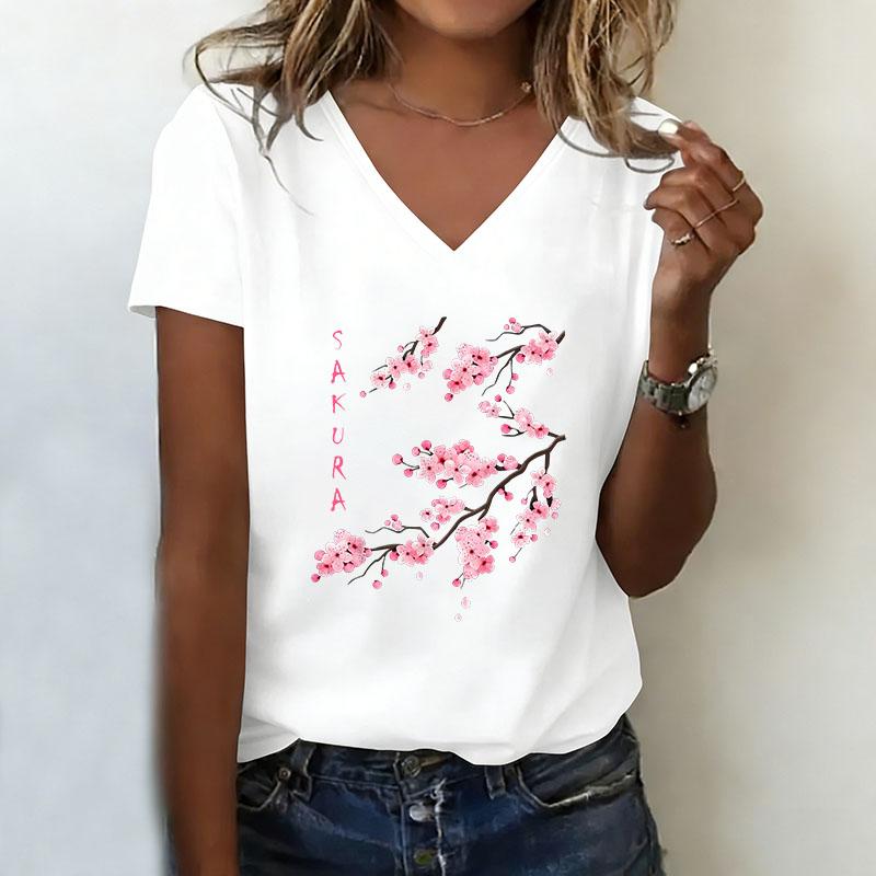 T-shirt V-neck casual fashion cherry blossom print T-shirt XS