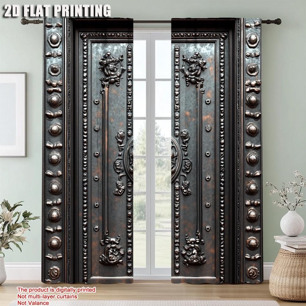 2Pcs Door Pattern Digital Printed Window Curtain For Living Room Bedroom Decoration Polyester Material Machine Washable