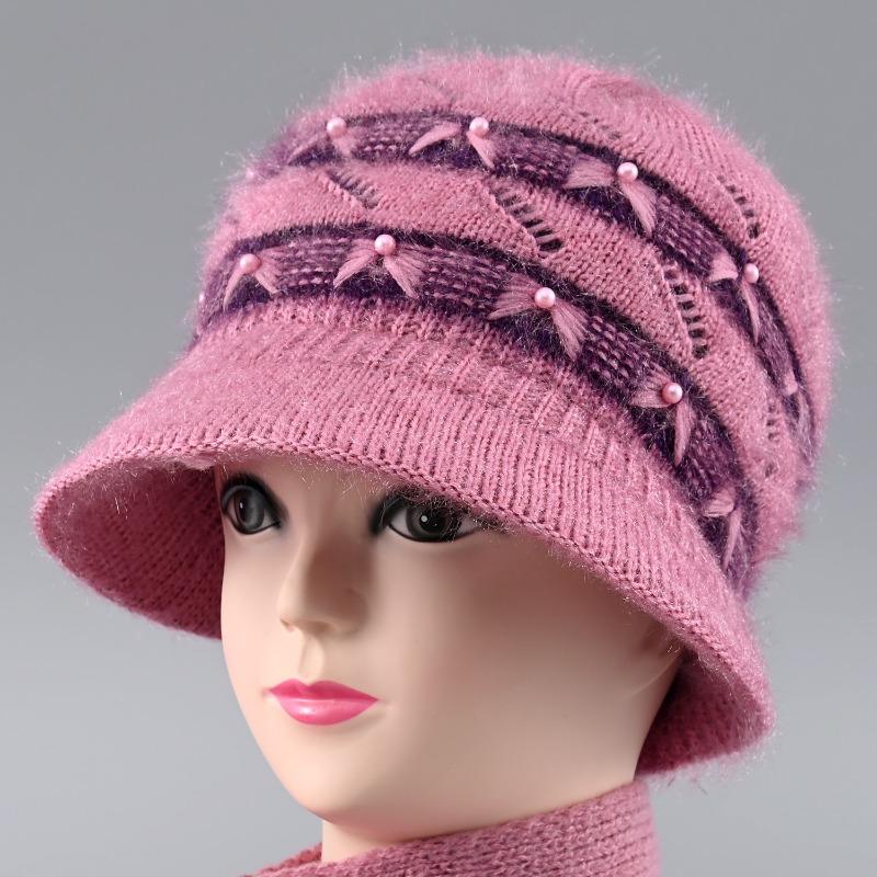 Hat Female Winter Rabbit Hair Warm Eaves Knitted Hat Windproof Plush Old Lady Wool Hat