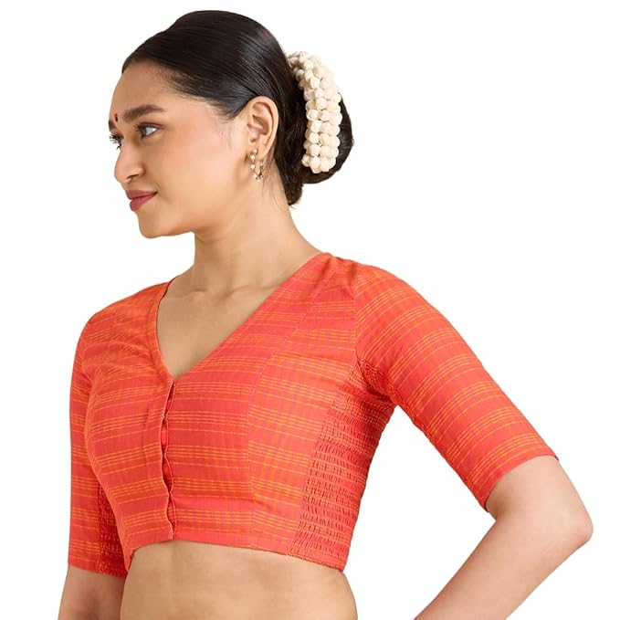 Blouse Saree à Carreaux Madras Manches Courtes en Coton pour Femme avec Côtés Extensibles