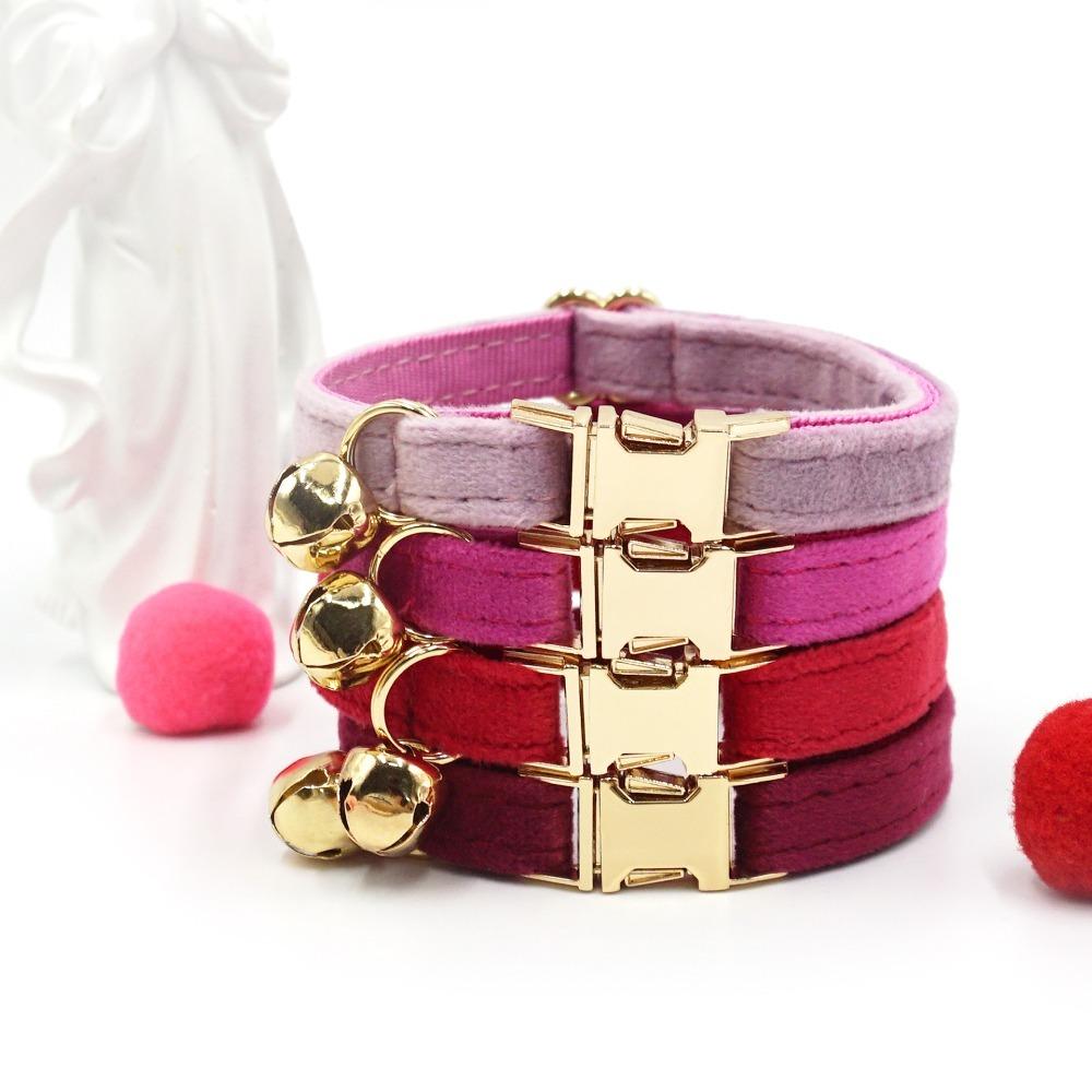Portable Velvet Cat Collar Cute Adjustable Kitten Collars Necklace Light Gold Buckle with Bell Cat Pet Accessories