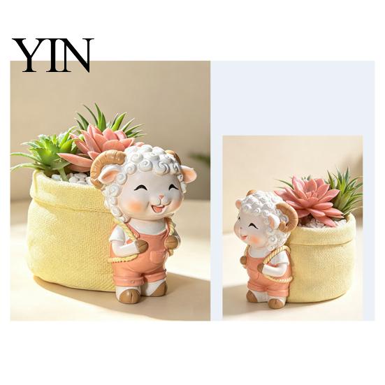 Cute Lamb Succulents Planter Planter, Cartoon Sheep Carring Bag Plant Pot, Decorative Resin Small Flower Pot for Succulents, Houseplants, Desk