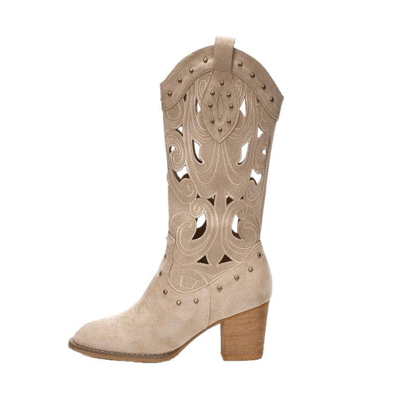 2025 summer new foreign-style western cowboy boots embroidered hollow Martin boots medium tube thick heel V-mouth rivet knight boots~