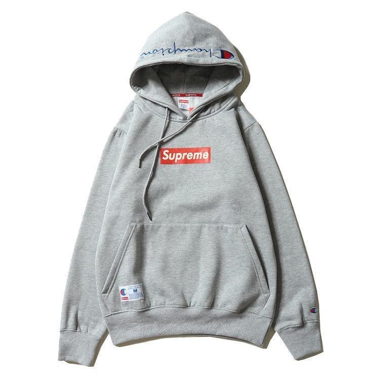 New Hoodie Supreme Classic Box Logo Jumper Champion Embroidered Sweatshirt Grey Champion, M