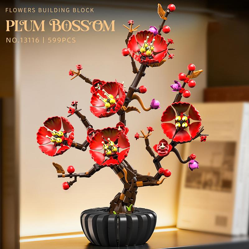 599Pcs Bonsai Plum Blossom Building Blocks Set, Artificial Flower Desktop Ornament, Educational Assembly Toy, Birthday Gift