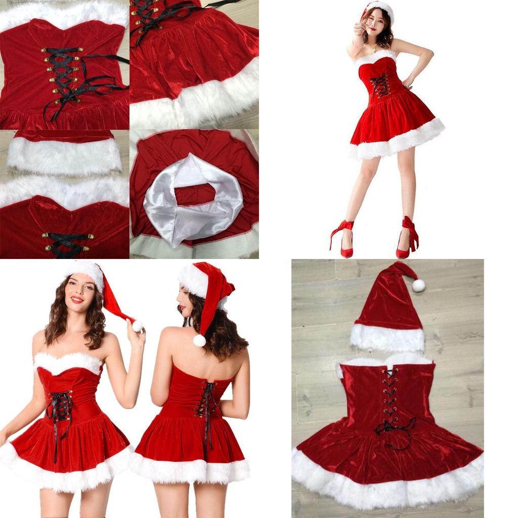 Festive Mini Red Velvet Costume Outfit For Women Featuring Santa Claus Design And Hat
