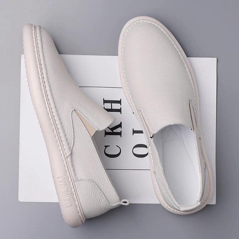 Soft Sole White Perforated Flat Loafers Comfortable Leather Business Shoes Casual Shoes for Men Breathable Slip-On Walking Shoes